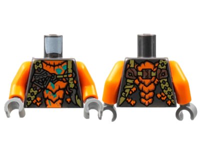 LEGO onderdeel Torso Orange Breastplate, Olive Green Straps, Silver Snake Head and Tooth, Dark Turquoise Spots Pattern / Orange Arms / Dark Bluish Gray Hands (973pb4542c01)