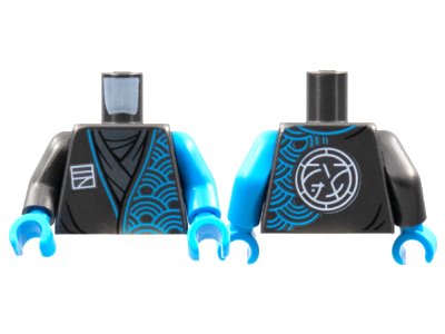 LEGO onderdeel Torso Tunic, Dark Azure Arches, Ninjago Logogram Letter N, Core Logo on Back Pattern / Dark Azure Arm Left / Pearl Dark Gray Arm Right / Dark Azure Hands (973pb4546c01)