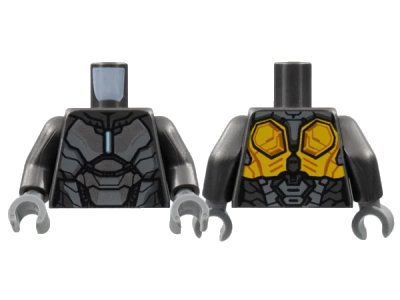 LEGO onderdeel Torso Armor, Silver and Dark Bluish Gray Panels, Metallic Light Blue Rod Arc Reactor, Pearl Gold Trim on Back Pattern / Pearl Dark Gray Arms / Dark Bluish Gray Hands (973pb4753c01)