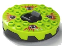 LEGO part Turntable 6 x 6 x 1 1/3 Round Base Serrated with Lime Top and Red, White and Black Fangpyre Pattern (Ninjago Spinner) 98318c02pb01