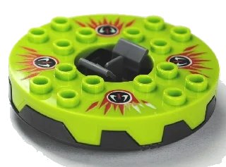 LEGO onderdeel Turntable 6 x 6 x 1 1/3 Round Base Serrated with Lime Top and Red, White and Black Fangpyre Pattern (Ninjago Spinner) (98318c02pb01)