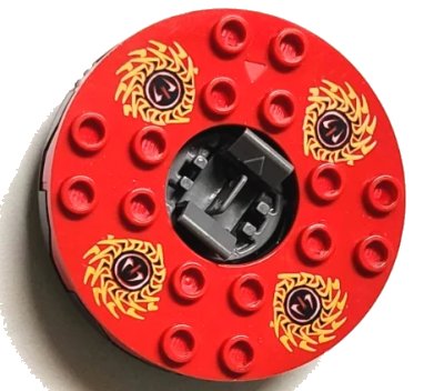 LEGO onderdeel Turntable 6 x 6 x 1 1/3 Round Base Serrated with Red Top and Red, White, Yellow and Black Fangpyre Pattern (Ninjago Spinner) (98318c08pb01)