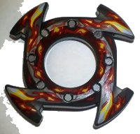 LEGO onderdeel Ring 4 x 4 with 2 x 2 Hole and 4 Arrow Ends with Yellow and Red Flames Pattern (Ninjago Spinner Crown) 98341pb06