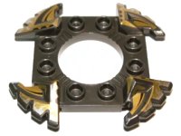 LEGO part Ring 4 x 4 with 2 x 2 Hole and 4 Serrated Ends with Black and Pearl Gold Pattern (Ninjago Spinner Crown) 98343pb02