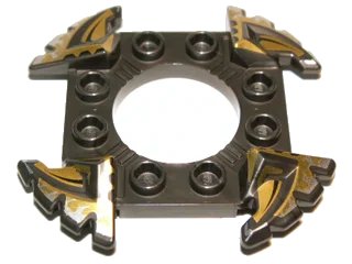 LEGO onderdeel Ring 4 x 4 with 2 x 2 Hole and 4 Serrated Ends with Black and Pearl Gold Pattern (Ninjago Spinner Crown) (98343pb02)