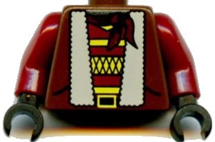 LEGO onderdeel Torso Adventurers Orient Jacket Fur Lining, Striped Shirt, Bandana Pattern / Dark Red Arms / Black Hands (973px186c01)