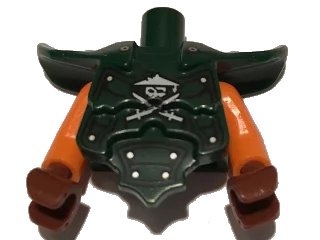 LEGO onderdeel Torso, Modified Short with Armor Breastplate with Shoulder Ridges, Rivets and Ninja Skull with Crossed Swords Pattern / Orange Arms / Reddish Brown Hands (11692pb02c01)