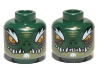 LEGO part Minifigure, Head Dual Sided Alien Chima Crocodile with Bright Light Orange Eyes, Olive Green Lower Jaw, White Bushy Eyebrows, Soul Patch, and Sharp Teeth, Wide / Narrow Eyes Pattern 3626pb0887