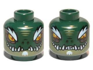 LEGO onderdeel Minifigure, Head Dual Sided Alien Chima Crocodile with Bright Light Orange Eyes, Olive Green Lower Jaw, White Bushy Eyebrows, Soul Patch, and Sharp Teeth, Wide / Narrow Eyes Pattern (3626pb0887)