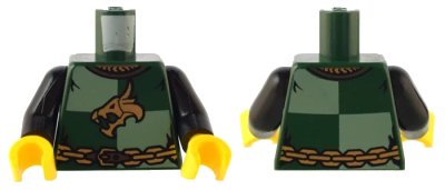 LEGO onderdeel Torso Castle Kingdoms Gold Dragon Head and Chain Belt on Sand Green and Dark Green Quarters Pattern / Black Arms / Yellow Hands (973pb0681c01)