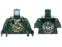 LEGO part Torso Ninjago Black and Silver Straps, Broken Emblem with Yellowish Green Flames, Round Silver Emblem on Back Pattern / Dark Green Arms / Black Hands 973pb2080c01