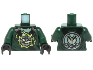 LEGO onderdeel Torso Ninjago Black and Silver Straps, Broken Emblem with Yellowish Green Flames, Round Silver Emblem on Back Pattern / Dark Green Arms / Black Hands (973pb2080c01)