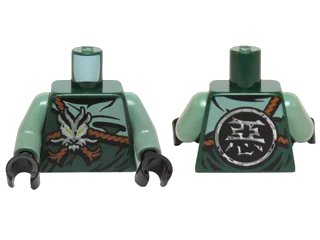 LEGO onderdeel Torso Ninjago Dark Orange Straps, Silver Morro Symbol and Round Emblem with Chinese Logogram '悪' (Evil) Pattern / Sand Green Arms / Black Hands (973pb2125c01)