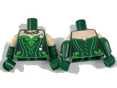 LEGO onderdeel Torso Batman Poison Ivy Plant Foliage White Flowers Pattern / Dark Green Arms with Molded Light Nougat Short Sleeves and Printed Flowers on Left Arm Pattern / Dark Green Hands (973pb2761c01)