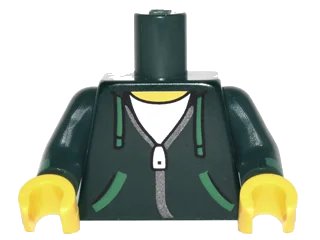 LEGO onderdeel Torso Hoodie with Green Ties and Pockets, Silver Zipper over White Shirt Pattern / Dark Green Arms with Green Cuffs Pattern / Yellow Hands (973pb2789c01)