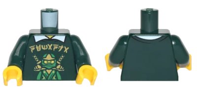 LEGO onderdeel Torso Shirt with Green Ninja and Gold Ninjago Logogram 'NEMANJA' over White Shirt with Collar Pattern / Dark Green Arms / Yellow Hands (973pb2821c01)