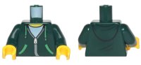 LEGO part Torso Hoodie with Green Ties and Pockets, Silver Zipper over White Shirt and Hood on Back Pattern / Dark Green Arms / Yellow Hands 973pb2825c01