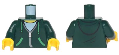LEGO onderdeel Torso Hoodie with Green Ties and Pockets, Silver Zipper over White Shirt and Hood on Back Pattern / Dark Green Arms / Yellow Hands (973pb2825c01)