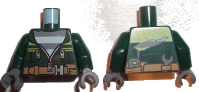 LEGO onderdeel Torso Jacket with Dark Bluish Gray Striped Undershirt and Pockets with Zipper Pattern / Dark Green Arms / Dark Bluish Gray Hands (973pb2876c01)