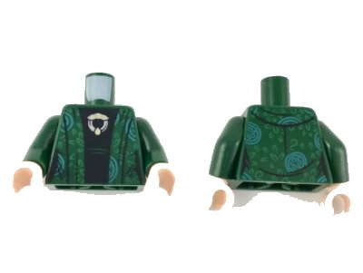 LEGO onderdeel Torso Female Robe with Green and Bright Light Blue Design, Black Shirt with Silver and Gold Broach Pattern / Dark Green Arms / Light Nougat Hands (973pb3197c01)