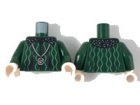 LEGO part Torso Black Collar with Silver Stars, White Curvy Lines, Silver Locket with 'S' Pattern / Dark Green Arms / Light Nougat Hands 973pb3290c01