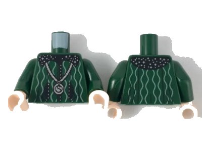 LEGO onderdeel Torso Black Collar with Silver Stars, White Curvy Lines, Silver Locket with 'S' Pattern / Dark Green Arms / Light Nougat Hands (973pb3290c01)