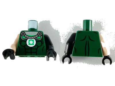 LEGO onderdeel Torso Muscles Outline, Green Lantern Logo, Silver Chain Pattern / Black Arm Left with Silver Cuff Pattern / Light Nougat Arm Right / Black Hands (973pb3453c01)