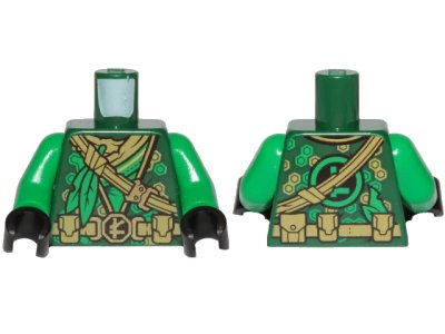LEGO onderdeel Torso Ninjago Robe, Dark Tan Undershirt, Belt, Ropes, Pouches and Green Leaves Pattern / Green Arms / Black Hands (973pb4125c01)