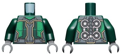 LEGO onderdeel Torso Armor with Dark Bluish Gray and Green Panels, Gold Accents, Silver Circles on Back Pattern / Dark Green Arms / Dark Bluish Gray Hands (973pb4179c01)