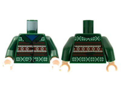 LEGO onderdeel Torso Fair Isle Cardigan Sweater with Red and White Strips over Blue Shirt Pattern / Dark Green Arms / Light Nougat Hands (973pb4293c01)