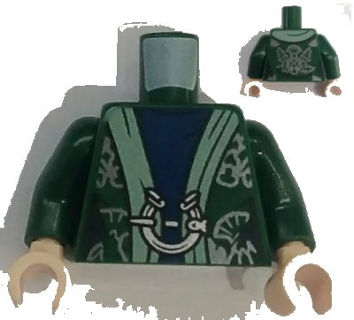 LEGO onderdeel Torso Harry Potter Robe, Sand Green Hem, Dark Blue Dress, Silver Pin Clasp and Thistles Pattern / Dark Green Arms / Light Nougat Hands (973pb4311c01)