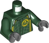LEGO onderdeel Torso Racing Suit with Lotus Logo, Silver Stitching, Yellow Stripes Pattern / Dark Green Arms / Dark Bluish Gray Hands (973pb4663c01)