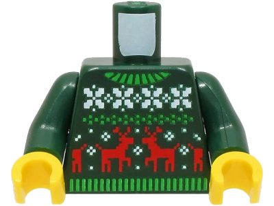 LEGO onderdeel Torso Knit Fair Isle Holiday Sweater with Green Collar, White Snowflakes and Red Reindeer Pattern (BAM) / Dark Green Arms / Yellow Hands (973pb4940c01)