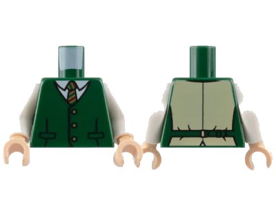 LEGO onderdeel Torso Vest with 3 Buttons, White Collar Shirt, Tie with Dark Red, Dark Green and Gold Stripes Pattern / White Arms / Light Nougat Hands (973pb5174c01)