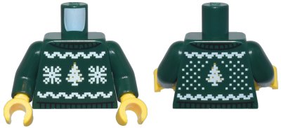 LEGO onderdeel Torso Knit Fair Isle Holiday Sweater with White and Gold Snowflakes and Christmas Trees Pattern / Dark Green Arms / Yellow Hands (973pb5854c01)