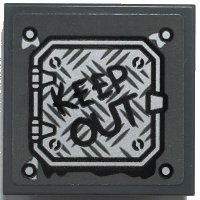 LEGO part Fliese, modifiziert 2 x 2 invertiert mit schwarzem 'KEEP OUT' auf silberner Lauffläche Paneel Muster (Aufkleber) - Set 70435 11203pb070
