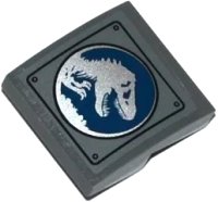 LEGO onderdeel Slope, Curved 2 x 2 x 2/3 with Dark Blue and Silver Jurassic World Logo on Panel with Rivets Pattern (Sticker) - Set 75918 15068pb040