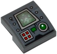 LEGO part Slope, Curved 2 x 2 x 2/3 with Silver Screen, 4 Red Buttons, Green Button, Green Light and 6 Rivets Pattern (Sticker) - Set 70601 15068pb080