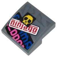 LEGO part Schräge, Curved 2 x 2 x 2/3 with Red 'ninjago', Yellow Skull and Partial Blue and Dark Pink Text Pattern (Sticker) - Set 71710 15068pb230