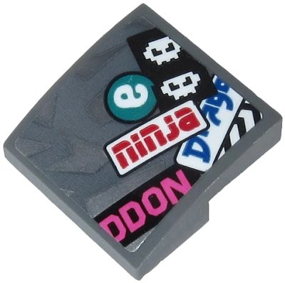 LEGO onderdeel Slope, Curved 2 x 2 x 2/3 with Red 'ninja', Dark Pink 'DDON', Blue 'Drago', White 'e' and White Faces Pattern (Sticker) - Set 71710 (15068pb231)
