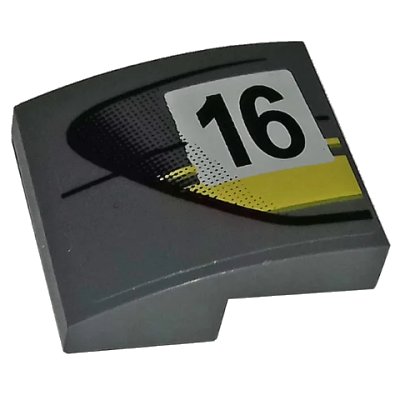 LEGO onderdeel Slope, Curved 2 x 2 x 2/3 with Black Number 16 and Double Yellow Stripes on Dark Bluish Gray Background Pattern Model Left Side (Sticker) - Set 75877 (15068pb238L)