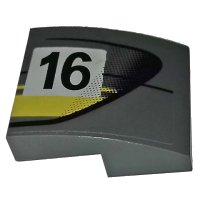LEGO part Slope, Curved 2 x 2 x 2/3 with Black Number 16 and Double Yellow Stripes on Dark Bluish Gray Background Pattern Model Right Side (Sticker) - Set 75877 15068pb238R
