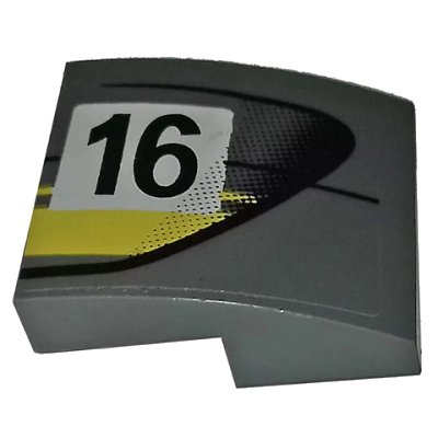 LEGO onderdeel Slope, Curved 2 x 2 x 2/3 with Black Number 16 and Double Yellow Stripes on Dark Bluish Gray Background Pattern Model Right Side (Sticker) - Set 75877 (15068pb238R)