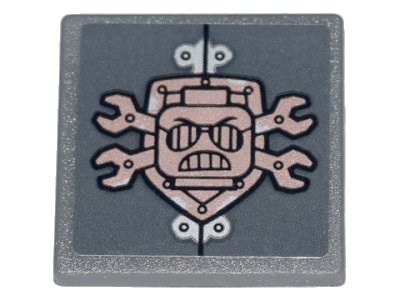 LEGO onderdeel Road Sign 2 x 2 Square with Open O Clip with Copper Crossed Wrenches, Shield, Scribble Cop Head and Rivets Pattern (Sticker) - Set 70840 (15210pb091)