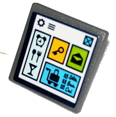 LEGO onderdeel Road Sign 2 x 2 Square with Open O Clip with Clock, Restaurant, Drink, Key, Mail Envelope and Luggage Hotel Symbols Pattern (Sticker) - Set 41347 (15210pb109)