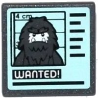 LEGO part Road Sign 2 x 2 Square with Open O Clip with Hairy Minifigure Mugshot and 'WANTED!' on Computer Screen Pattern (Sticker) - Set 60069 15210pb118
