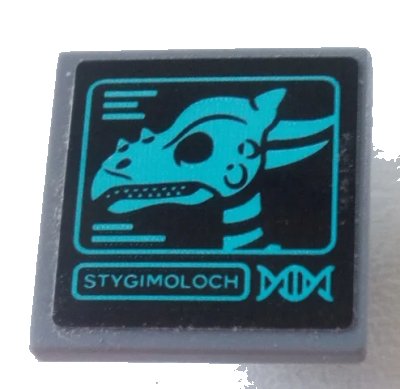 LEGO onderdeel Road Sign 2 x 2 Square with Open O Clip with 'STYGIMOLOCH' and Dinosaur Skull Pattern (Sticker) - Set 75927 (15210pb124)