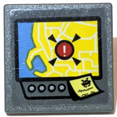 LEGO onderdeel Road Sign 2 x 2 Square with Open O Clip with Screen with Yellow and Medium Blue Map Showing Incident, Note with Alien Pattern (Sticker) - Set 60231 (15210pb137)