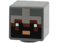 LEGO part Minifigure, Head, Modified Cube with Pixelated Reddish Brown Face, Black Eyes and Beard, Nougat Mouth and Silver Armor Pattern (Minecraft Netherite Knight) 19729pb069