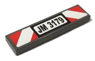 LEGO onderdeel Tile 1 x 4 with Black 'JM 3179' and Red and White Danger Stripes Pattern (Sticker) - Set 3179 (2431pb0152)